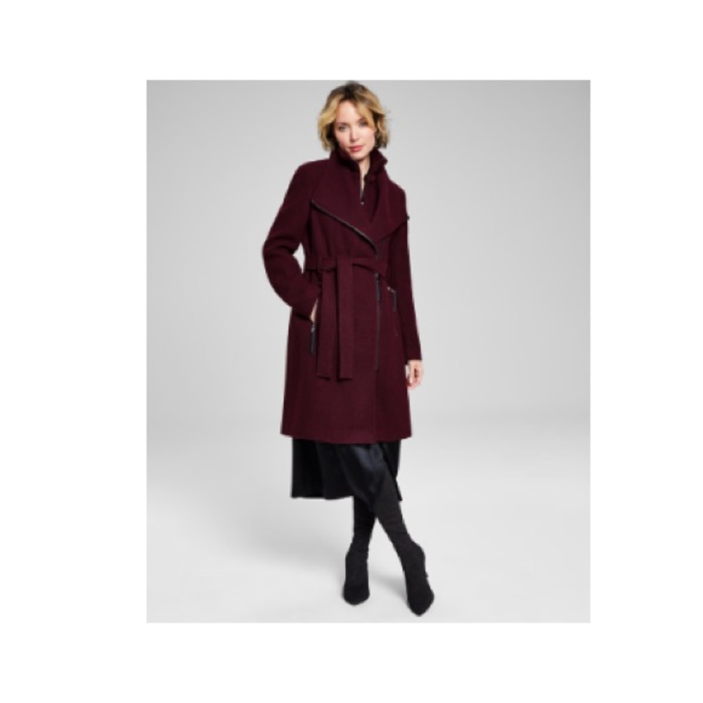 Calvin Klein Womens Wool Blend Belted Wrap Coat dark Chianti small very warm
